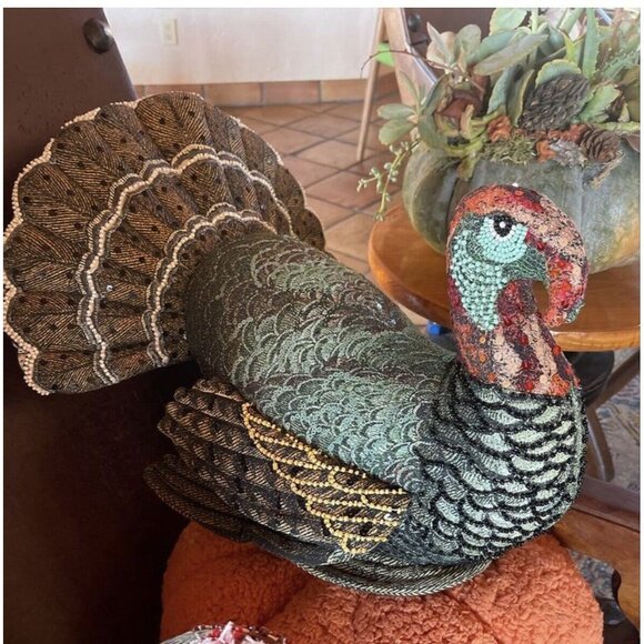 John Derian 2024 Turkey Pillow Beaded Embellished 16"x15" Plush - Picture 4 of 7